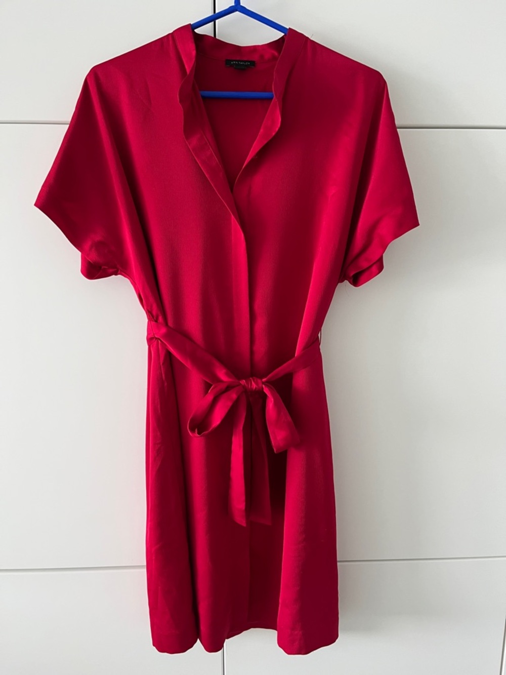 Ann Taylor Red Satin Short-Sleeve Tie-Waist Dress